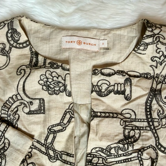 Tory Burch Cream and Black Chain Print Cotton and Linen Blouse Top Size 2 - Picture 3 of 10